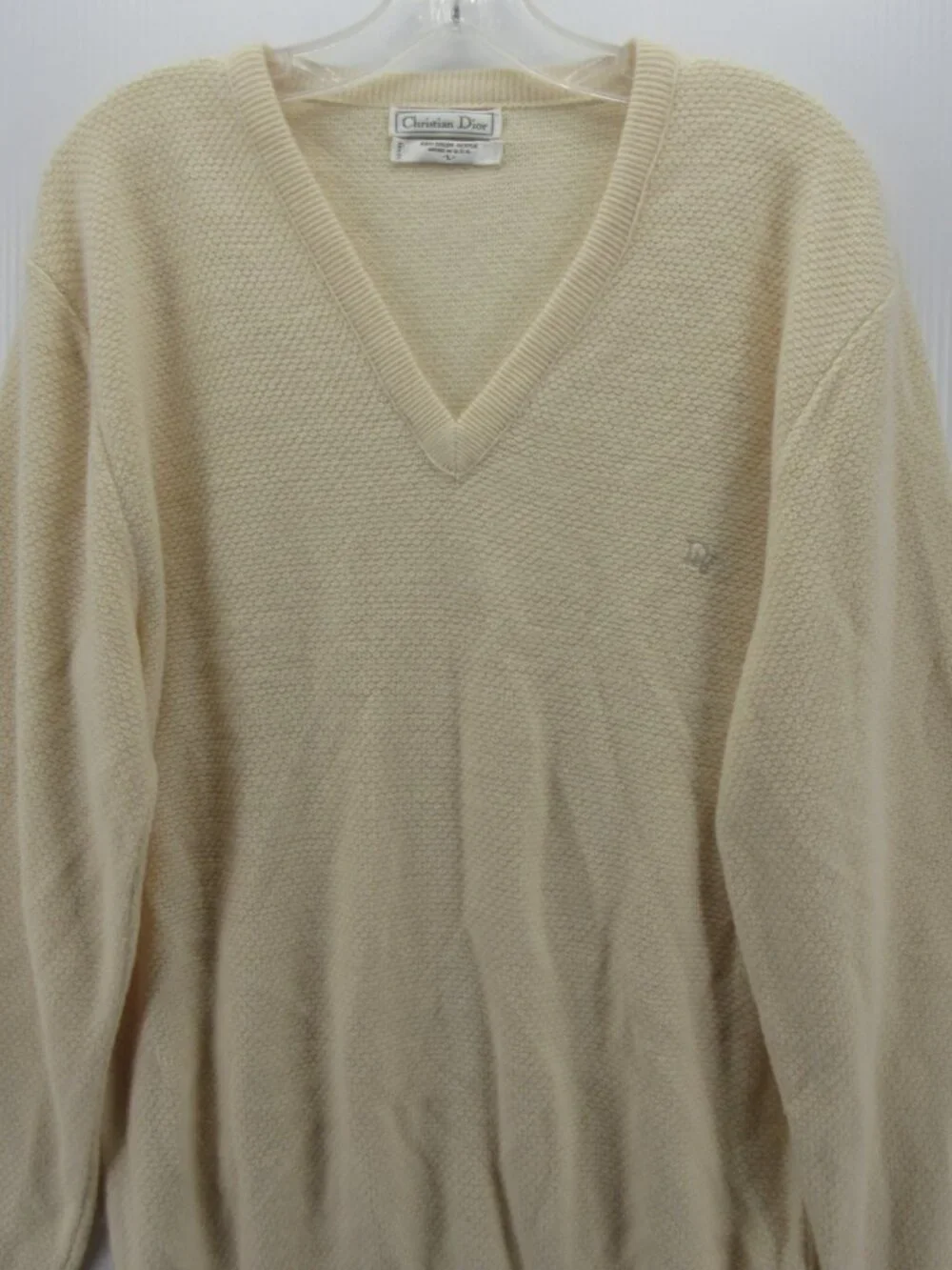 VINTAGE Christian Dior Sweater Large Cream 80s 90s Orlon Pullover Logo